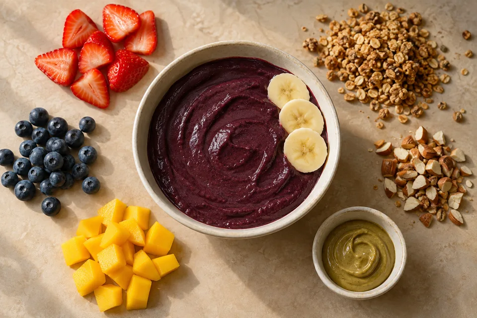 Bowl de açaí parcialmente preparado rodeado de frutas, granola y crema de pistacho